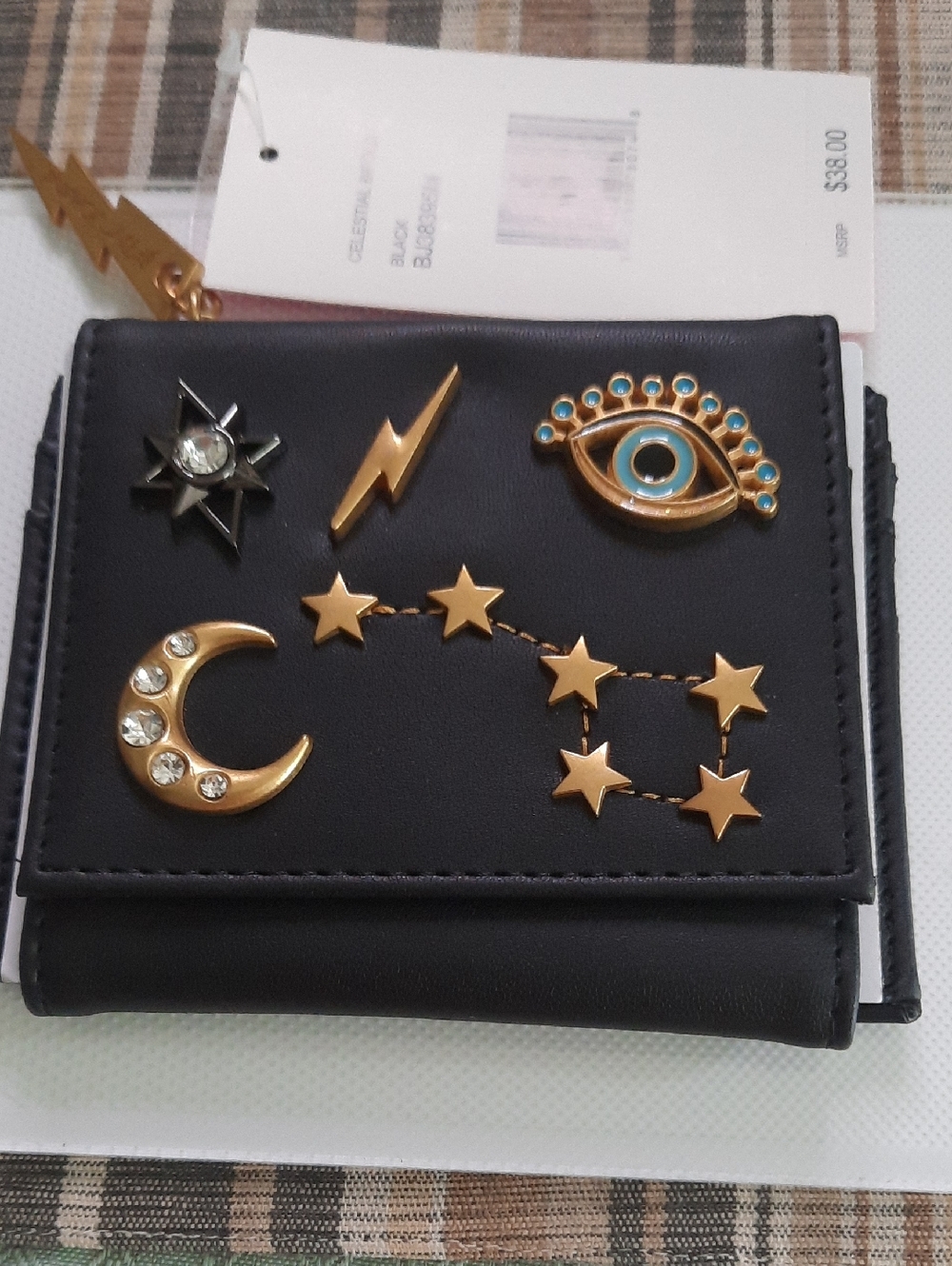Betsey Johnson Black Trifold Wallet with Gold Celestial & Eye Charms